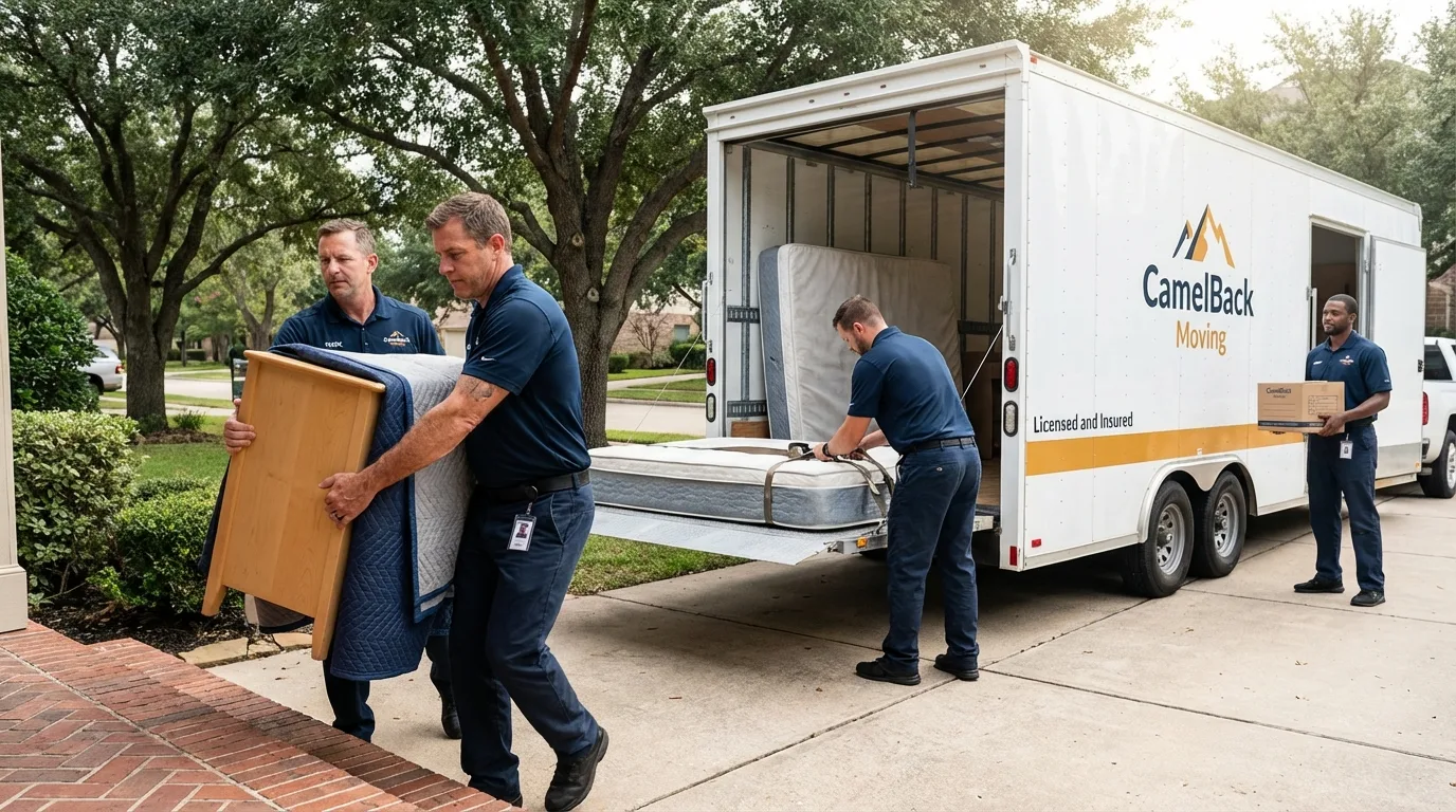 Crew loading residential truck for cross-state move from Lake Station, IN