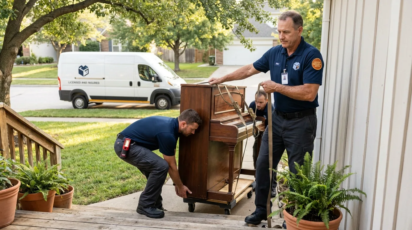 Licensed piano movers securing grand piano in Lake Station, IN