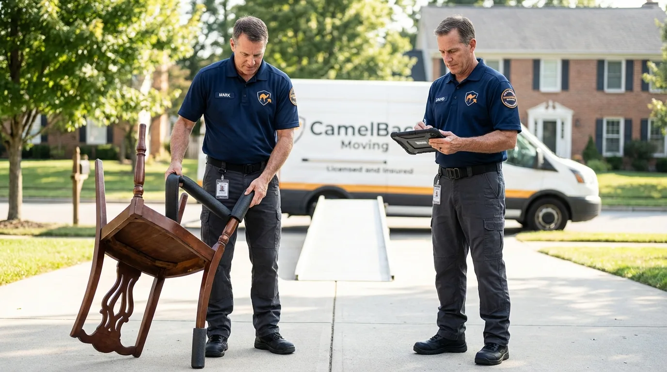 Movers inspecting furniture for damage prevention before loading in Lake Station, IN