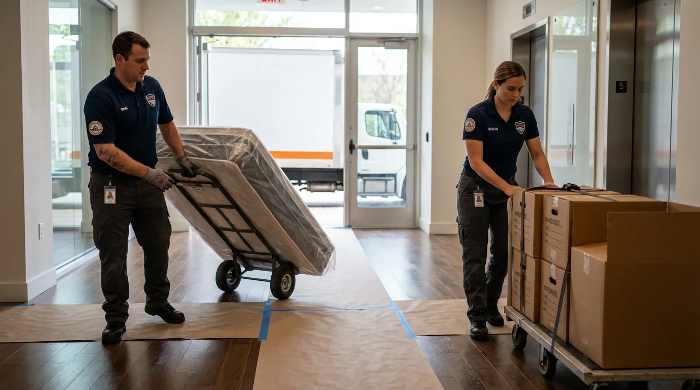 Professional apartment movers loading elevator in Lake Station, IN