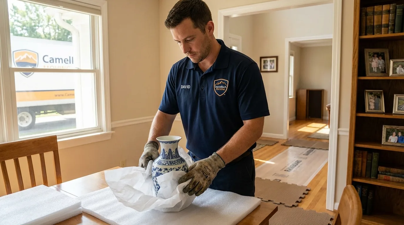 Professional crew carefully wrapping antique vase for senior downsizing move in Lake Station, IN